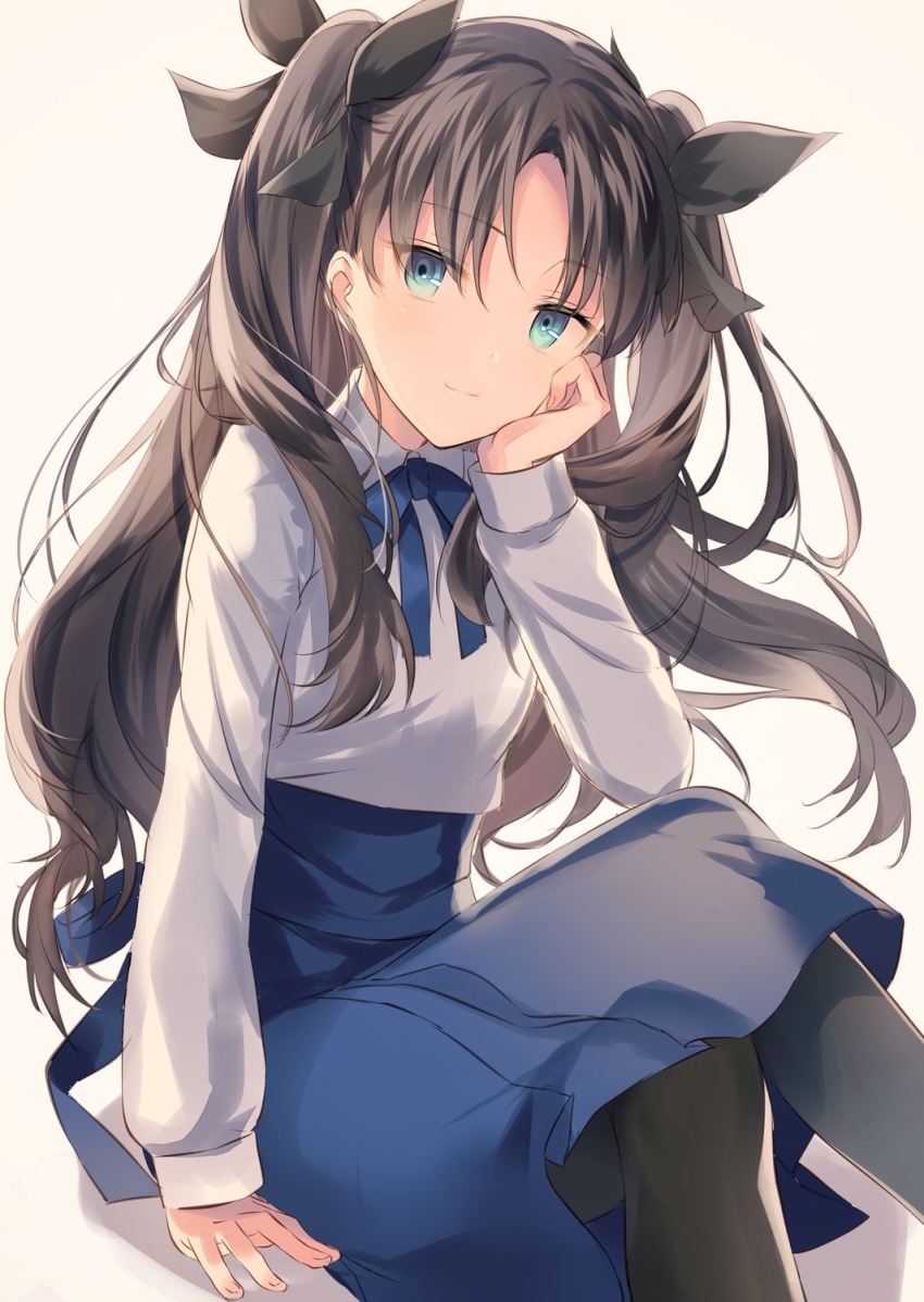 1girl, alternate_costume, artoria_pendragon_(fate), bad_id, bad_twitter_id, black_bow, black_hair, black_thighhighs, blue_eyes, blue_ribbon, blue_skirt, bow, closed_mouth, collared_shirt, cosplay, dress_shirt, fate/stay_night, fate_(series), floating_hair, hair_bow, hand_on_own_chin, highres, io_enishi, lips, long_hair, long_sleeves, looking_at_viewer, neck_ribbon, parted_bangs, ribbon, saber_(fate), saber_(fate)_(cosplay), shirt, simple_background, skirt, smile, solo, thighhighs, tohsaka_rin, two_side_up, very_long_hair, white_background, white_shirt