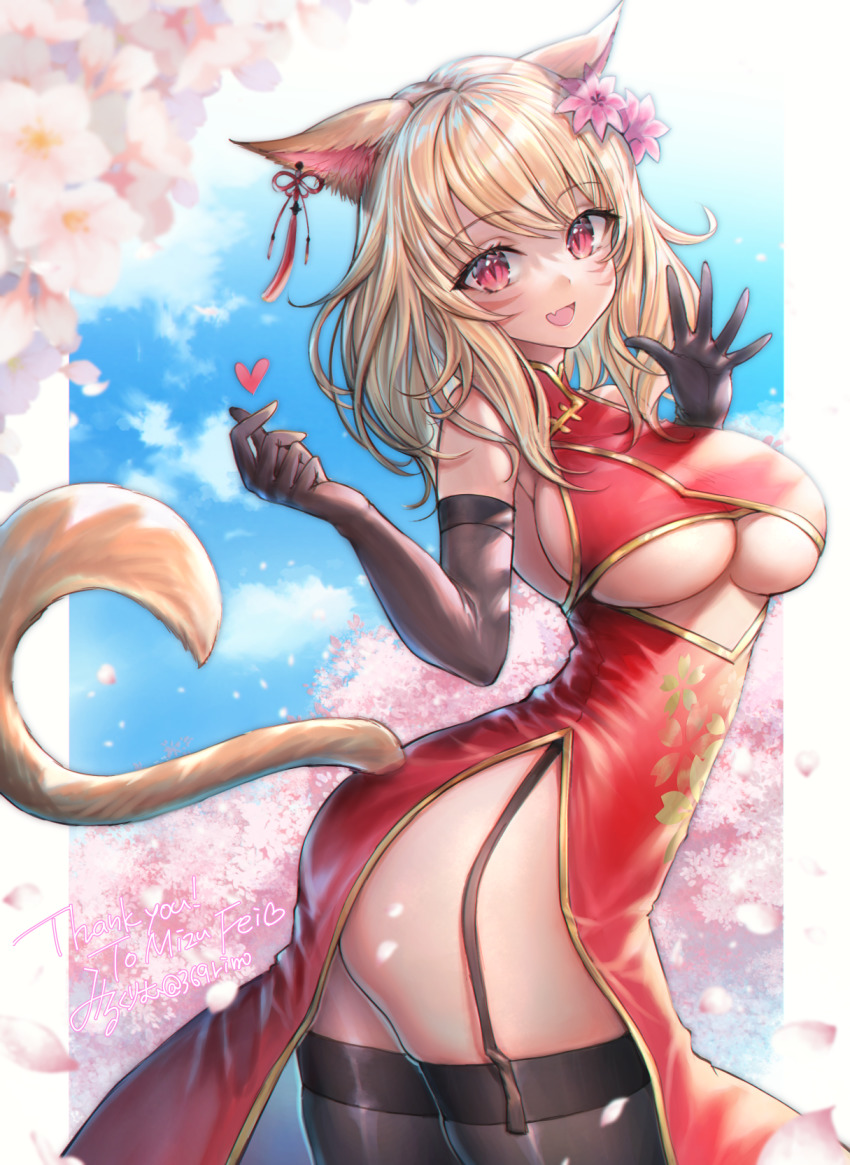 1girl, :d, animal_ears, warrior_of_light_(ff14), black_gloves, black_thighhighs, blue_sky, breasts
