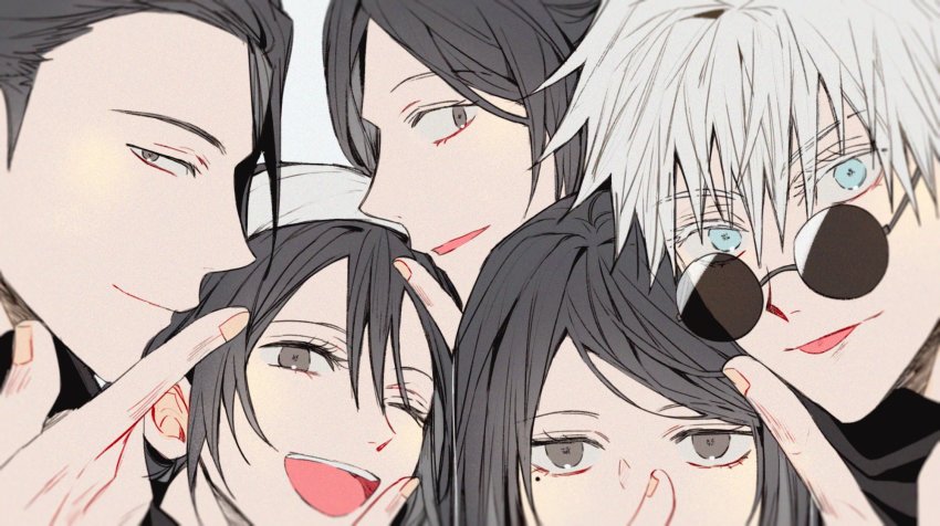 2boys, 3girls, :d, amanai_riko, black_eyes, black_hair, blue_eyes, closed_mouth