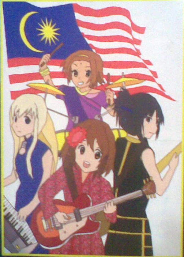 00s, 4girls, akiyama_mio, china_dress, chinese_clothes, crescent, dress, electric_guitar, flag, gibson_les_paul, hirasawa_yui, k-on!, kotobuki_tsumugi, malaysia, malaysian_flag, multiple_girls, star_and_crescent, tainaka_ritsu, traditional_clothes