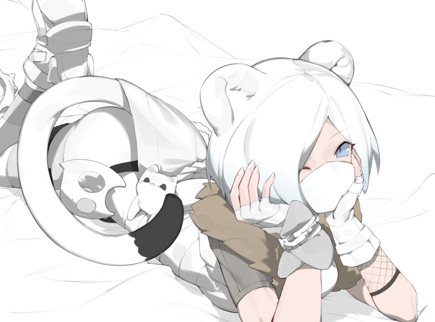 1girl, absurdres, animal_ears, arknights, bed_sheet, blue_eyes, breasts, ermine