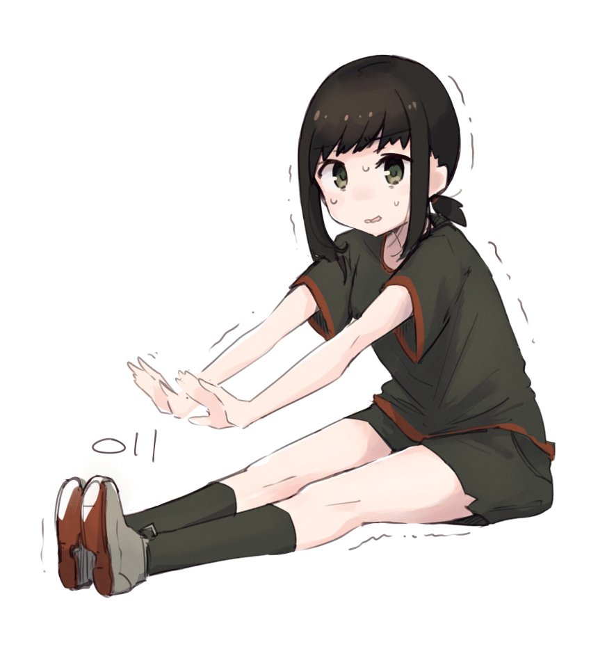 1girl, alternate_costume, artist_logo, black_hair, black_shirt, black_shorts, exercising, fubuki_(kancolle)