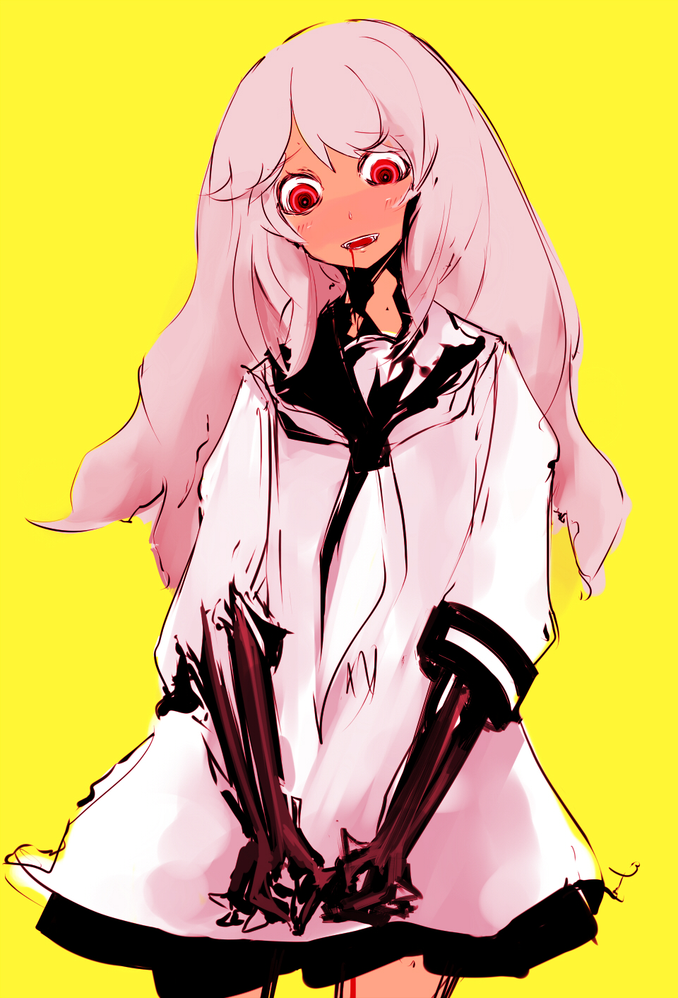 1girl, agi_kyuurou, bad_id, bad_pixiv_id, blood, crazy_eyes, creepy, dress, fangs, female_focus, highres, horror_(theme), long_hair, original, pink_hair, red_eyes, solo, torn_clothes, yandere