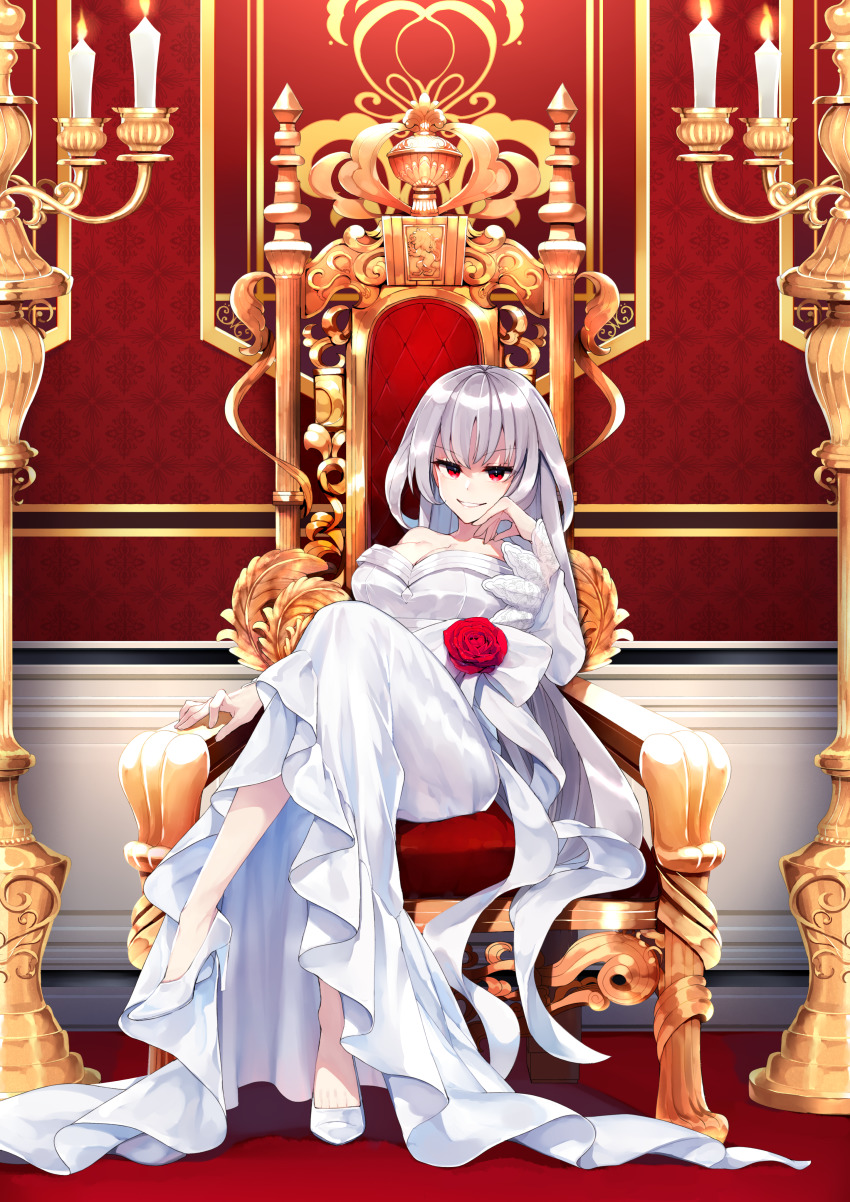 1girl, absurdres, bare_shoulders, breasts, candle, candlestand, cleavage, collarbone, corsage, crossed_legs, dress, evil_grin, evil_smile, flower, frilled_dress, frilled_sleeves, frills, full_body, grin, guricoogen, hand_on_own_cheek, hand_on_own_face, head_rest, high_heels, highres, huge_filesize, large_breasts, long_dress, long_hair, looking_at_viewer, magic_silver_mary, mary_van_stuatorica, off-shoulder_dress, off_shoulder, official_art, on_throne, pleated_dress, red_eyes, red_flower, red_rose, rose, silver_hair, sitting, smile, solo, strapless, strapless_dress, throne, throne_room, toe_cleavage, very_long_hair, white_dress, white_footwear, wide_sleeves