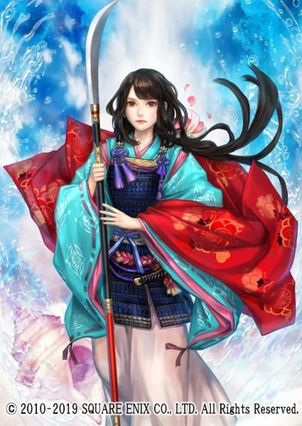 armor, black_hair, blue_background, company_name, dated, holding, holding_weapon, japanese_clothes, kageco, kimono, lipstick, long_hair, looking_at_viewer, makeup, naginata, official_art, polearm, sengoku_ixa, solo, standing, tsuruhime_(sengoku_ixa), weapon, wide_sleeves