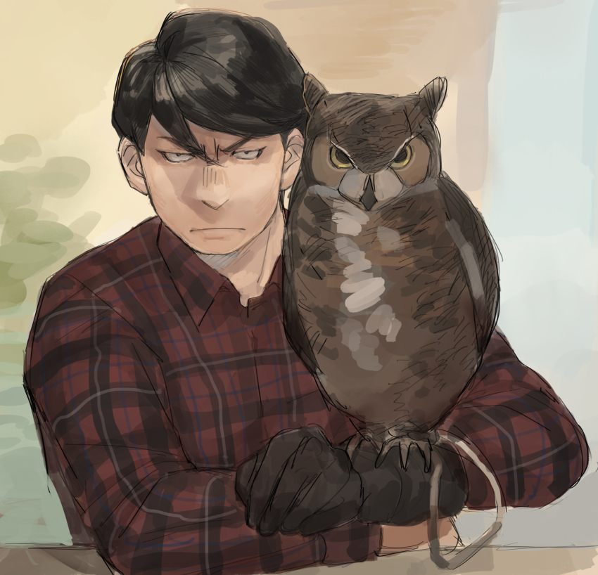 1boy, bird, black_gloves, black_hair, blurry, blurry_background, falconry, gloves, hair_between_eyes, highres, looking_at_viewer, male_focus, mtmr_0721, outdoors, owl, plaid_clothes, plaid_shirt, red_shirt, sangatsu_no_lion, shigeta_morio, shirt, solo, upper_body