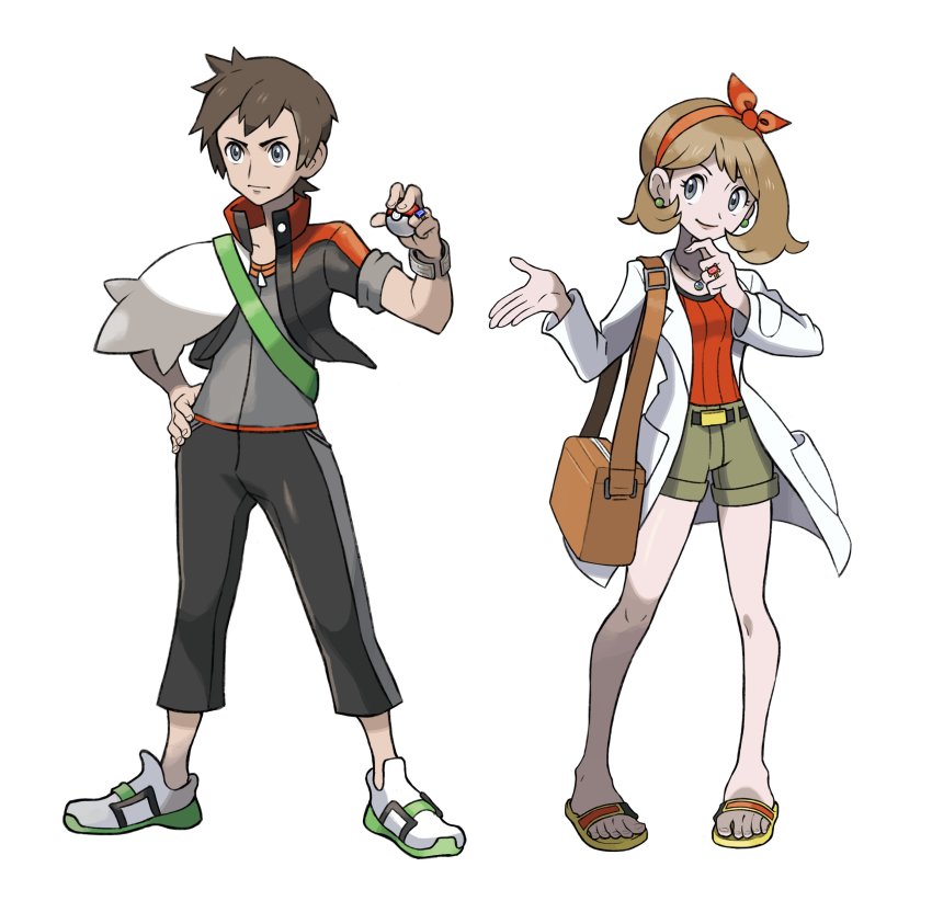 1boy, 1girl, absurdres, aged_up, asymmetrical_hair, bag, bow, bracelet, brendan_(pokemon), capelet, grey_shorts, hair_bow, handbag, highres, holding, holding_poke_ball, hyo_oppa, jacket, jewelry, lab_coat, may_(pokemon), nintendo, missing_headwear, poke_ball, pokemon, pokemon_omega_ruby_and_alpha_sapphire, red_shirt, sandals, shirt, shoes, shorts