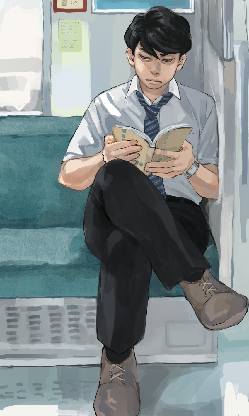 1boy, absurdres, black_eyes, black_hair, black_pants, blue_necktie, book, brown_footwear