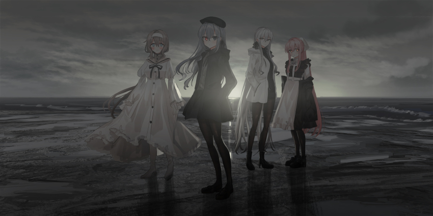 4girls, apron, backlighting, beret, black_bow, black_dress, black_footwear, black_headwear