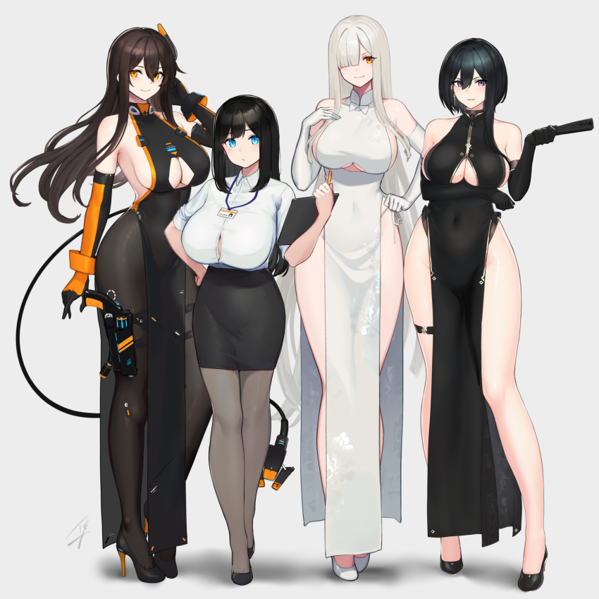 4girls, arm_under_breasts, backless_dress, backless_outfit, bare_shoulders, black_dress, black_footwear, black_gloves