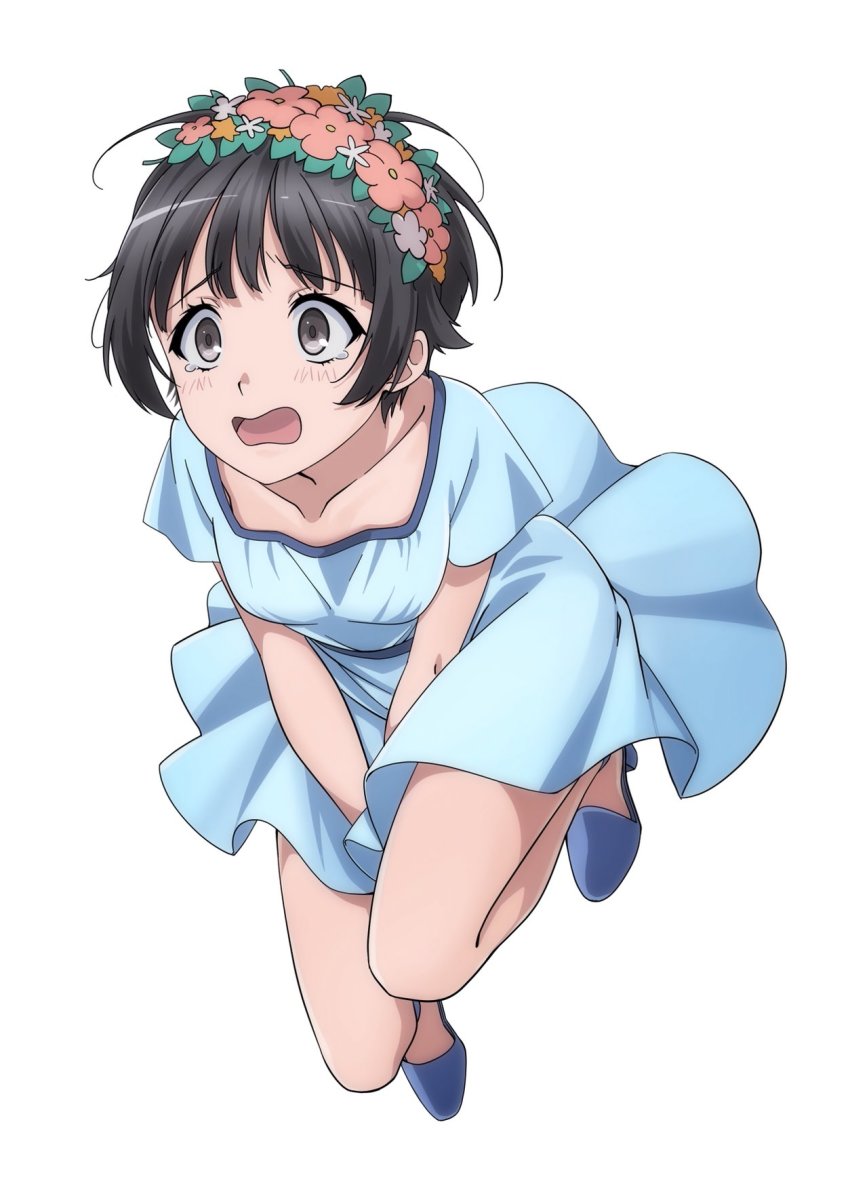 1girl, black_eyes, black_hair, blue_shoes, clothes_lift, covering_crotch, covering_privates, dress, dress_tug, embarrassed, flower, flower_on_head, head_wreath, high_heels, highres, legs, messy_hair, naguramu, pumps, raised_eyebrows, shoes, short_hair, simple_background, solo, tears, toaru_kagaku_no_railgun, toaru_majutsu_no_index, uiharu_kazari, wavy_mouth, white_background, wind, wind_lift