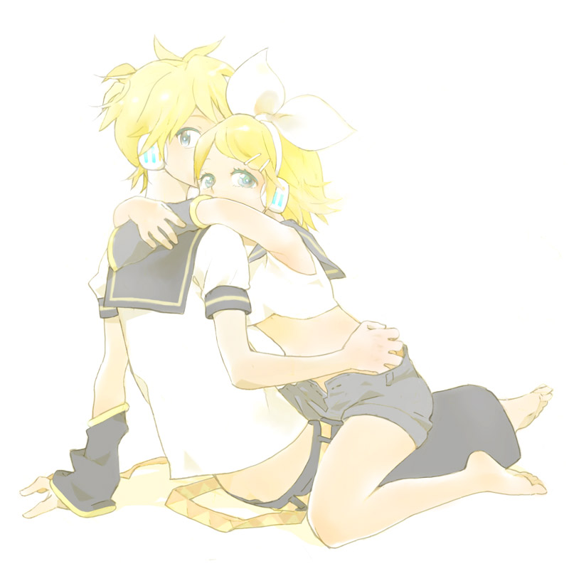 1boy, 1girl, bad_id, bad_pixiv_id, barefoot, blonde_hair, brother_and_sister, feet