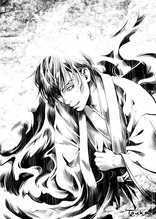 1boy, artist_name, cheekbones, clenched_hand, greyscale, hakama, hakama_skirt, japanese_clothes