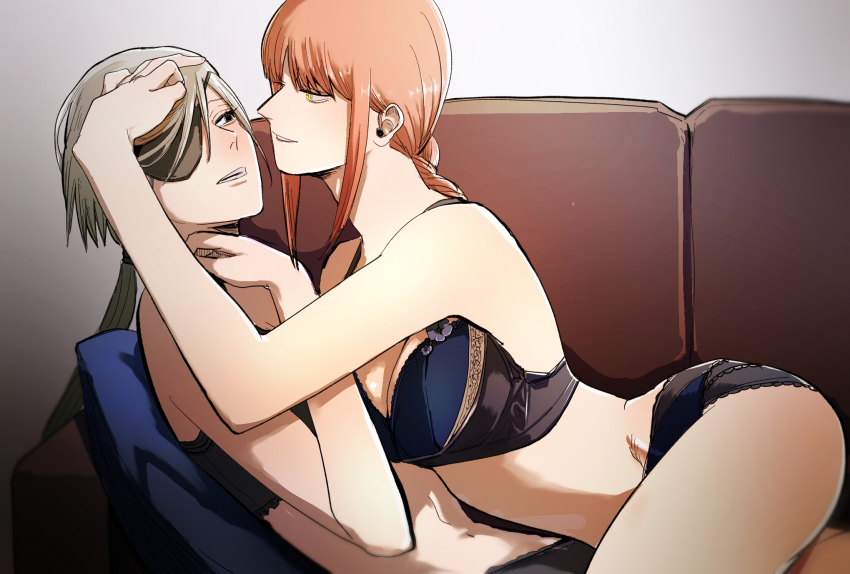 2girls, bithmath, black_eyes, bra, braid, braided_ponytail, breasts, brown_hair, chainsaw_man, couch, couple, eyepatch, flustered, girl_on_top, hand_in_another's_hair, highres, light_smile, long_hair, looking_at_another, lying, makima_(chainsaw_man), medium_breasts, multiple_girls, on_back, pillow, ponytail, quanxi_(chainsaw_man), ringed_eyes, smile, underwear, white_hair, wife_and_wife, yellow_eyes, yuri