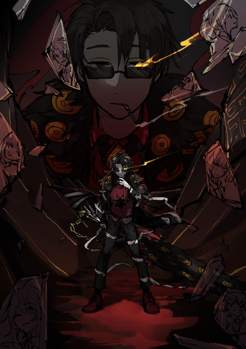 chain, cigarette, e.g.o_(project_moon), employee_(project_moon), flaming_eye, full_body, glass_shards, glasses