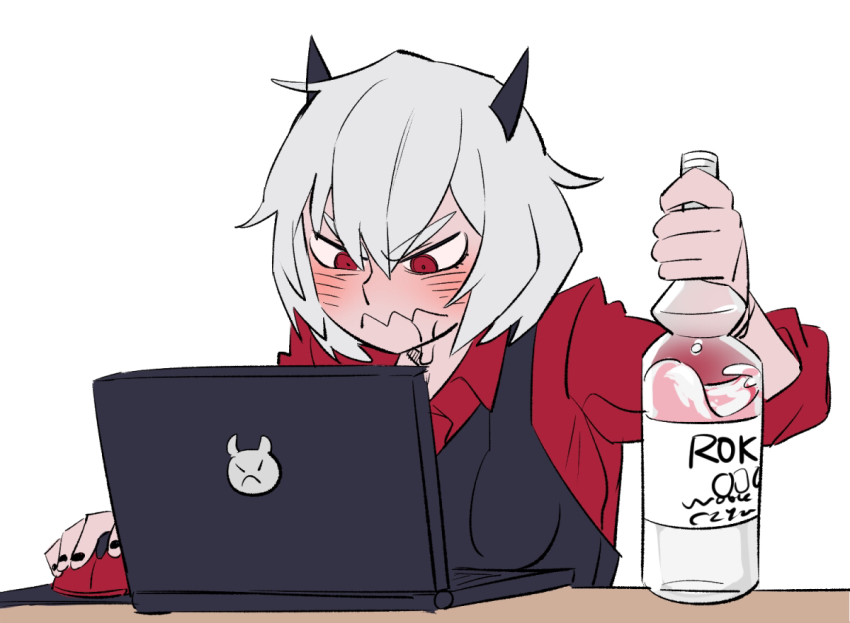 1girl, alcohol, black_nails, black_vest, blush, bottle, breasts, closed_mouth