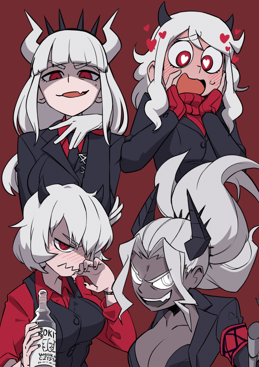 4girls, absurdres, alcohol, armband, black_jacket, black_nails, black_neckwear, black_suit