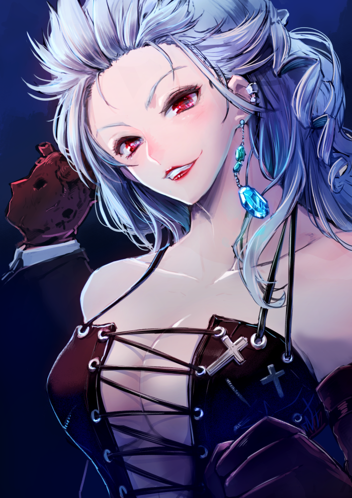 1girl, blonde_hair, blush, breasts, corset, cross, dorohedoro, earrings