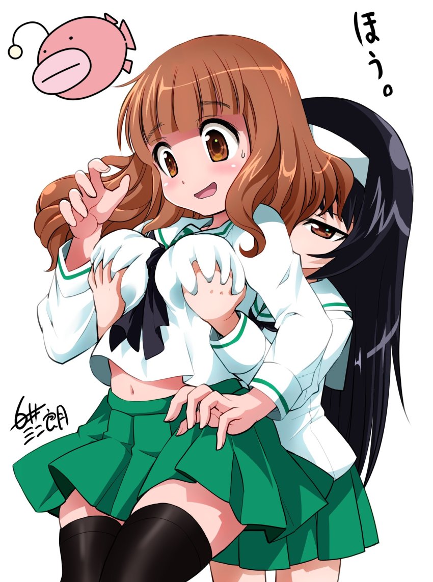 2girls, anglerfish, artist_name, black_hair, black_legwear, black_neckerchief, blouse, blunt_bangs