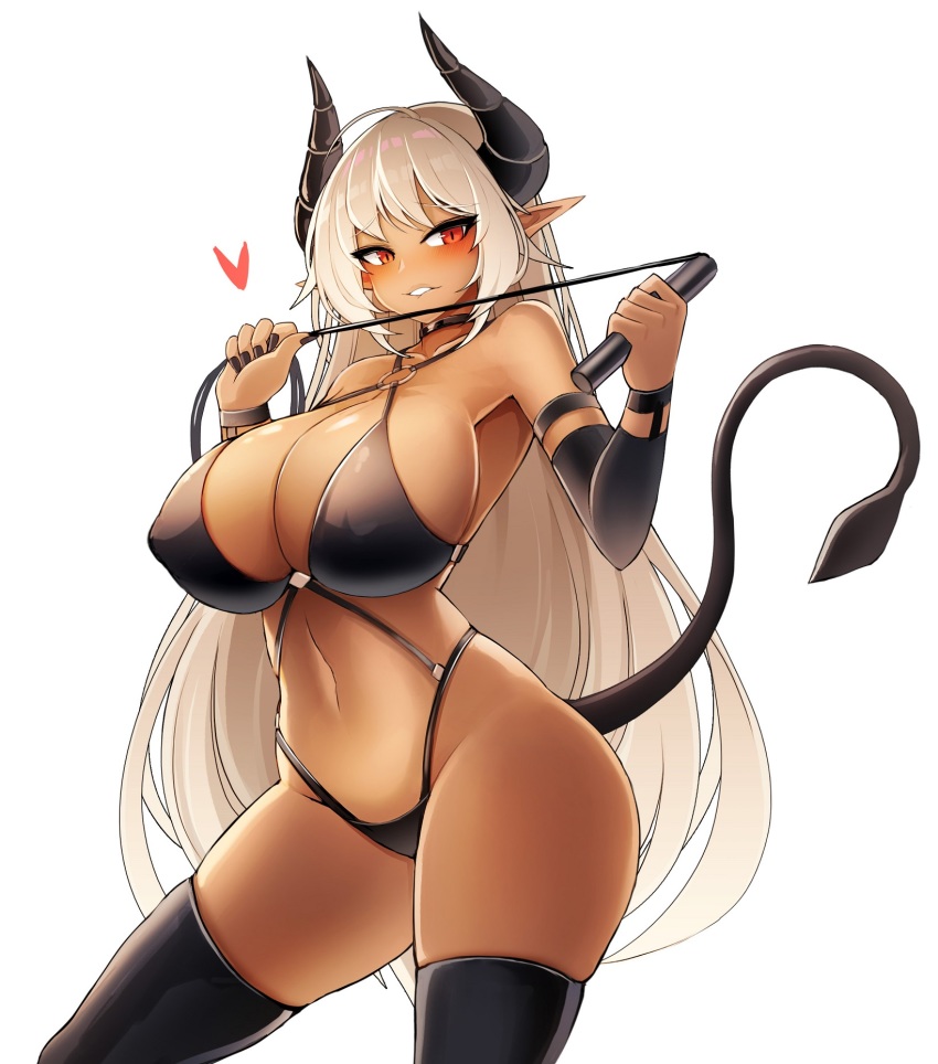 1girl, armpits, bikini, black_bikini, black_choker, black_thighhighs, breasts, choker, covered_erect_nipples, curled_horns, dark-skinned_female, dark_skin, demon_girl, demon_horns, demon_tail, heart, highleg, highleg_swimsuit, highres, holding, holding_whip, horns, huge_breasts, long_hair, o-ring, o-ring_bikini, original, pigat, pointy_ears, red_eyes, simple_background, solo, swimsuit, tail, thighhighs, thighs, very_long_hair, white_background, white_hair, wide_hips