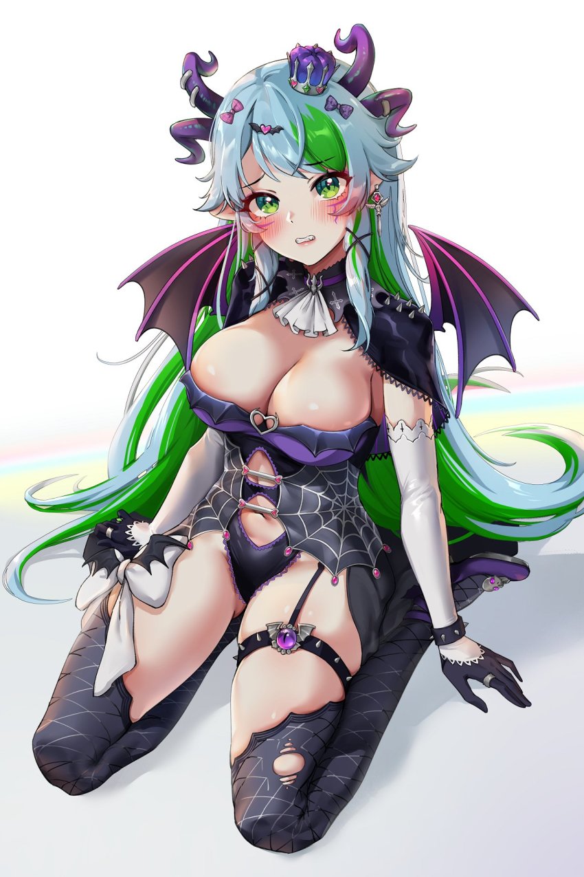 1girl, apricot_the_lich, apricot_the_lich_(valentine's_froot), asymmetrical_legwear, blue_hair, blush, bow, breasts