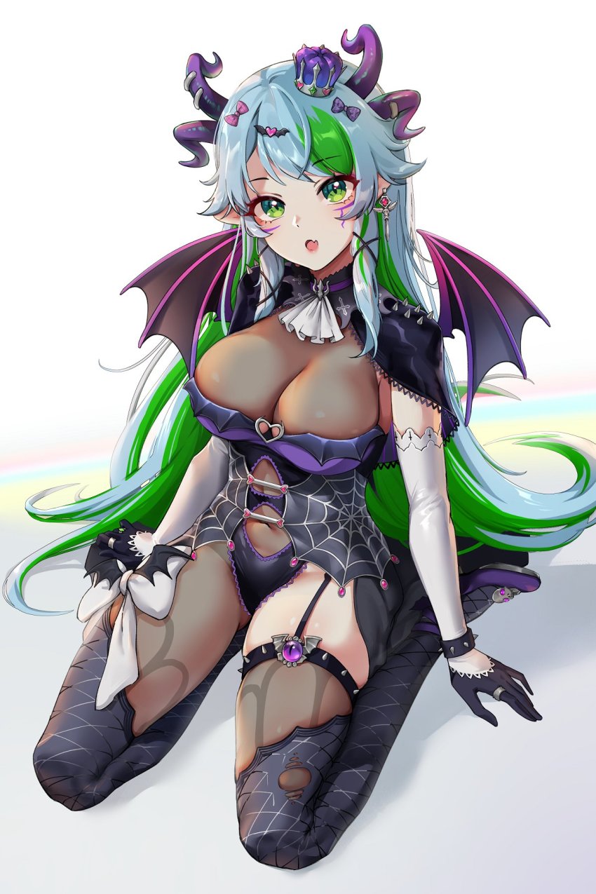 1girl, apricot_the_lich, apricot_the_lich_(valentine's_froot), asymmetrical_legwear, blue_hair, bodystocking, bow, breasts, capelet, cleavage, crown, detached_collar, earrings, elbow_gloves, facial_mark, fang, foxyreine, from_above, full_body, garter_straps, gloves, gluteal_fold, gradient_background, green_eyes, green_hair, head_tilt, heart, highleg, highleg_leotard, highres, horns, jewelry, lace, lace-trimmed_capelet, lace-trimmed_panties, lace_trim, large_breasts, leotard, lips, long_hair, looking_at_viewer, mini_crown, multicolored_hair, navel, open_mouth, panties, pointy_ears, purple_footwear, revealing_clothes, ring, sidelocks, sitting, skin_fang, skindentation, solo, spider_web_print, spiked_thighlet, streaked_hair, thigh_strap, thighhighs, thighs, torn_clothes, underwear, uneven_legwear, very_long_hair, virtual_youtuber, vshojo, wariza, winged_hair_ornament, wings