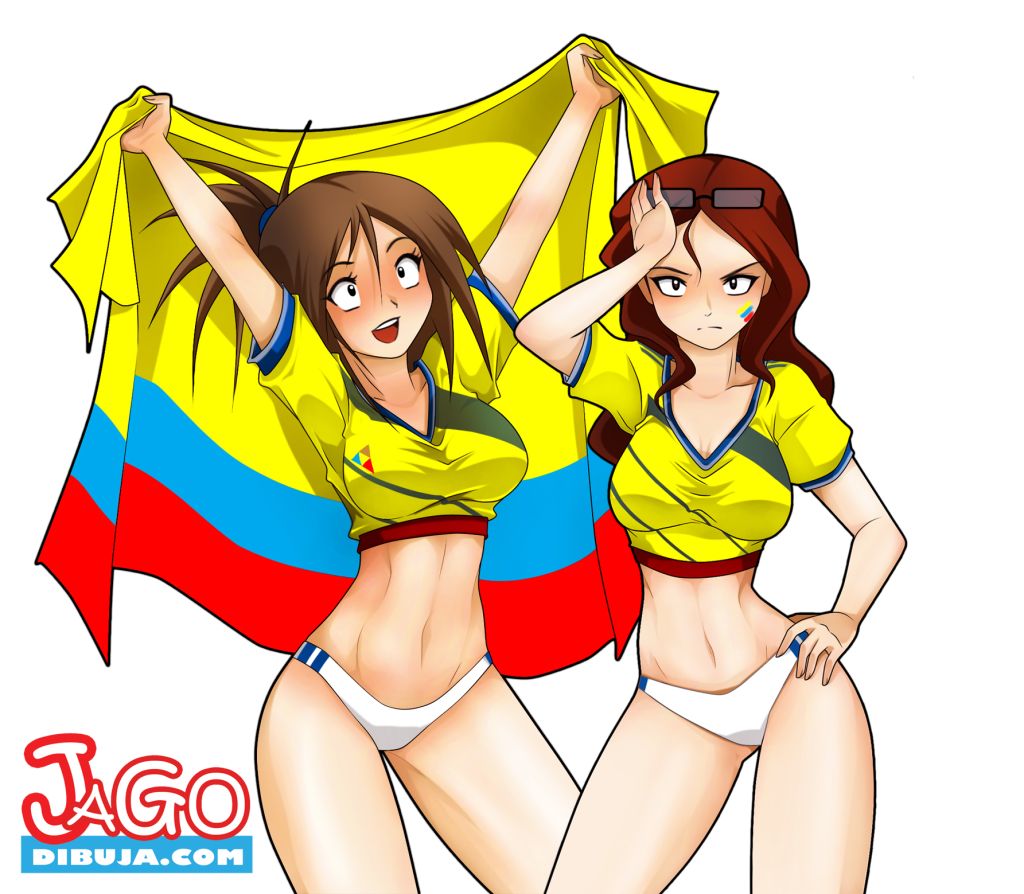 2girls, black_eyes, brown_hair, colombian_flag, erika_(living_with_hipstergirl_and_gamergirl), flag, glasses_on_head, hand_on_own_hip, jago_dibuja, multiple_girls, no_pants, panties, red_hair, shirt, underwear, white_panties