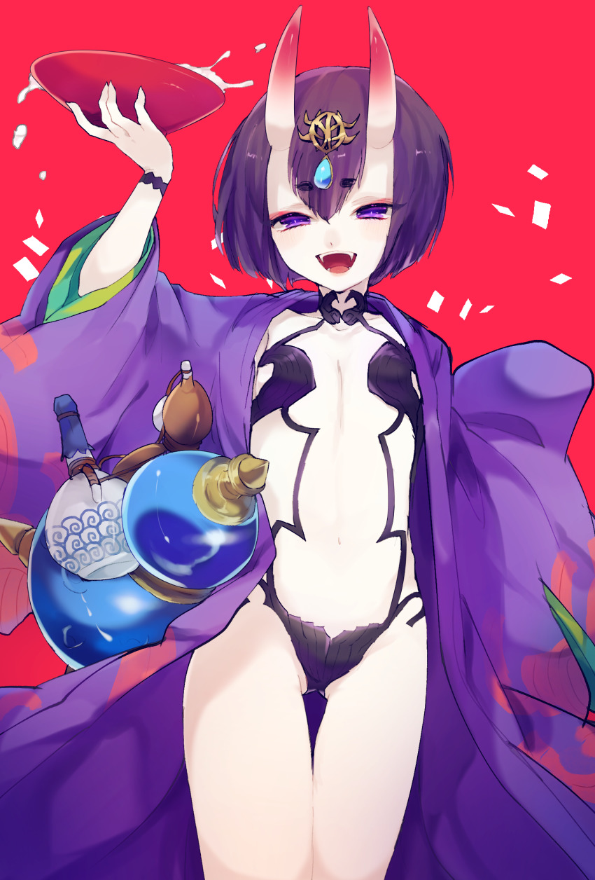 1girl, arm_up, blue_gem, blush, bob_cut, bottle, bowl, collarbone, confetti, cowboy_shot, cup, eyeshadow, fangs, fate/grand_order, fate_(series), female_focus, flat_chest, gem, gluteal_fold, gourd, groin, hair_ornament, half-closed_eyes, happy, highres, holding, holding_bowl, horns, japanese_clothes, kimono, light_blush, long_sleeves, looking_at_viewer, makeup, makoto_(konbumi), matching_hair/eyes, navel, open_clothes, open_kimono, open_mouth, pale_skin, purple_eyes, purple_hair, purple_kimono, red_background, red_eyeshadow, revealing_clothes, sakazuki, short_hair, shuten_douji_(fate), sidelocks, simple_background, skin-covered_horns, smile, solo, standing, stomach, thigh_gap, tongue, wide_sleeves