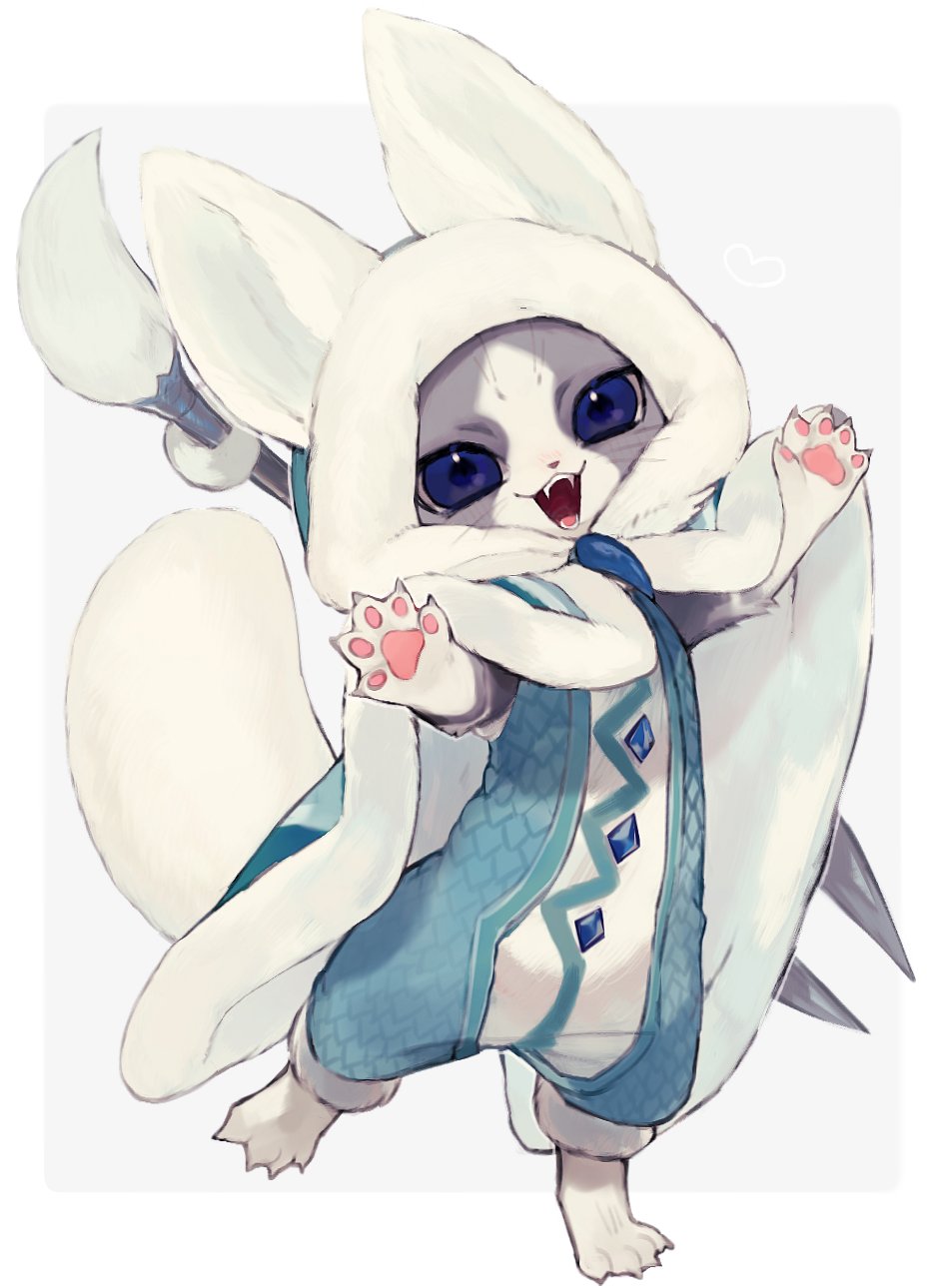 1other, animal_ears, animal_hands, animal_nose, arms_up, barefoot, blue_cloak, blue_eyes, blue_gem, blue_jumpsuit, blush, body_fur, border, chibikemo, claws, cloak, crystal, fake_animal_ears, fake_tail, fangs, felyne, fur-trimmed_hood, fur_(clothing), fur_trim, furry, gem, grey_background, grey_fur, happy, head_tilt, heart, highres, hood, hooded_cloak, jpeg_artifacts, jumpsuit, kadachi_(armor), light_blush, looking_at_viewer, makoto_(konbumi), monster_hunter:_world, monster_hunter_(series), nose_blush, open_mouth, other_focus, outside_border, outstretched_arms, pawpads, polearm, simple_background, sleeveless_jumpsuit, smile, solo, spear, standing, standing_on_one_leg, tail, teeth, two-sided_cloak, two-sided_fabric, two-tone_fur, weapon, weapon_on_back, whiskers, white_border, white_fur