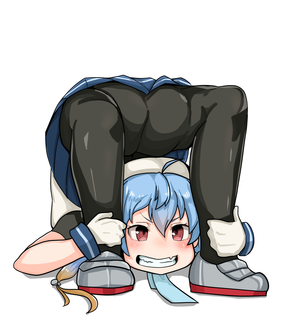 1girl, ahoge, blue_hair, commentary_request, contortion, fang, flexible, full_body, gloves, grin, hat, kantai_collection, looking_through_own_legs, low_twintails, pantyhose, pleated_skirt, red_eyes, sado_(kancolle), sailor_hat, school_uniform, serafuku, skin_fang, skirt, smile, solo, takasugi_heppu, twintails, white_gloves
