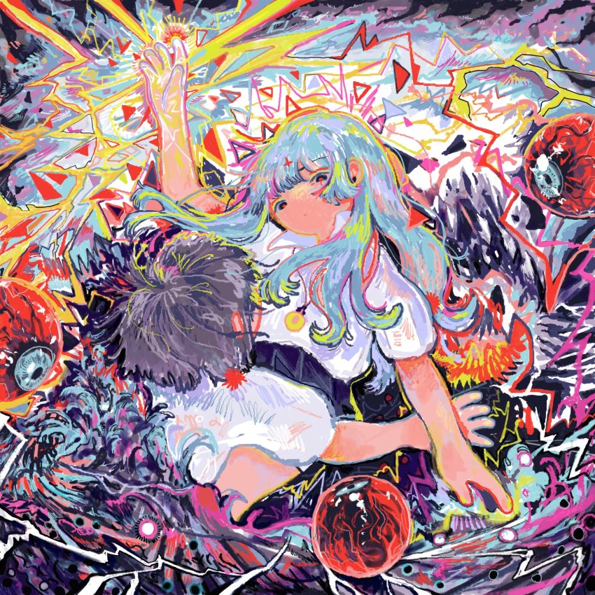 1boy, 1girl, abstract, arm_up, disembodied_eye, grey_hair, highres, jewelry