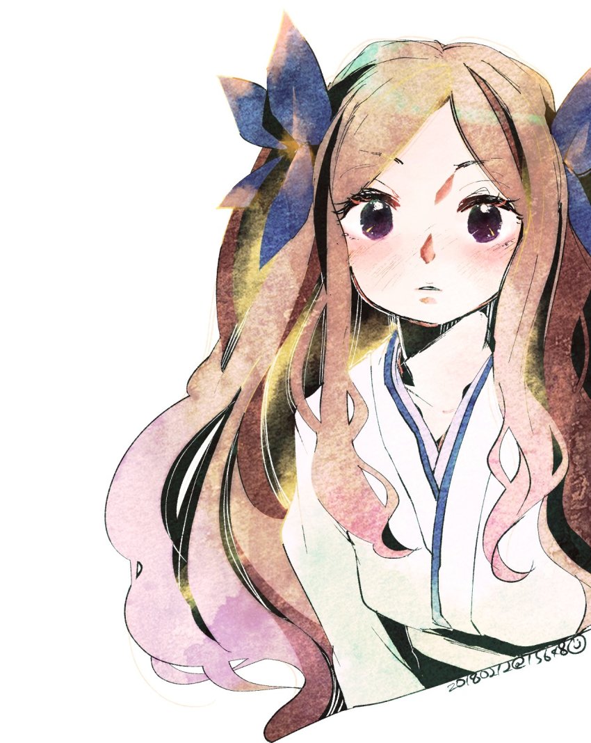 1girl, asakaze_(kancolle), blue_bow, blush, bow, breasts, dated, hair_bow