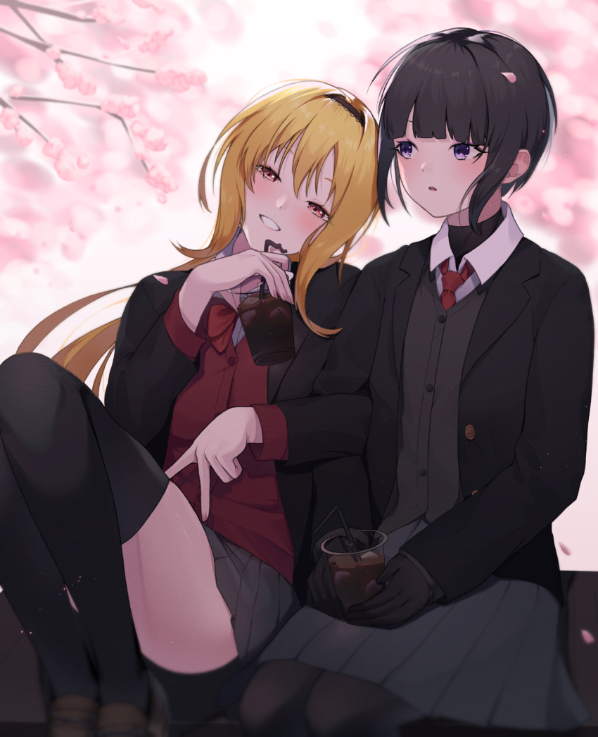 10_(user_cwuu4848), 2girls, :o, arm_hug, ass, bench, black_hair, black_jacket