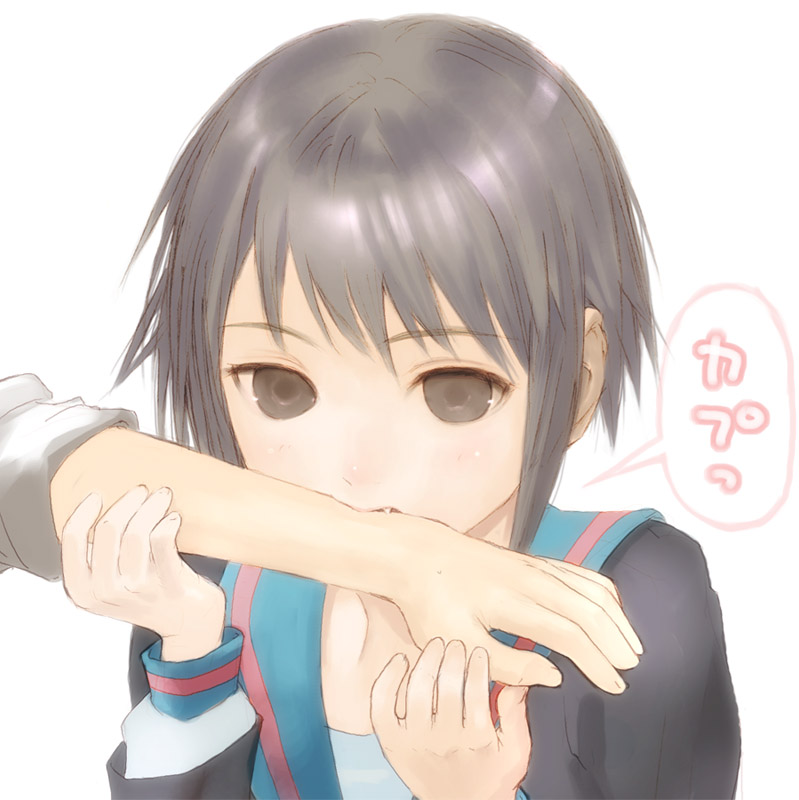 00s, 1girl, biting, brown_eyes, fang, female_focus, long_sleeves, nagato_yuki