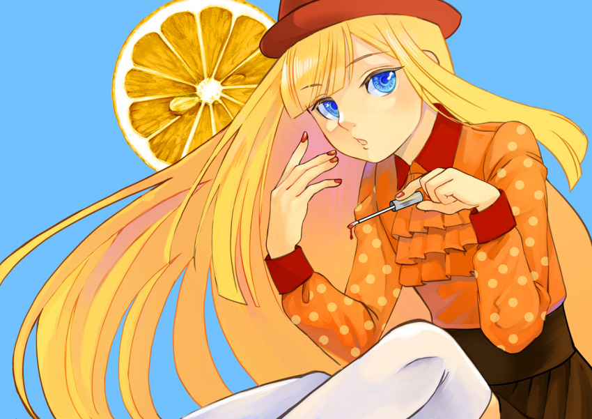1girl, :o, applying_manicure, ascot, blonde_hair, blue_eyes, brown_skirt, commentary_request
