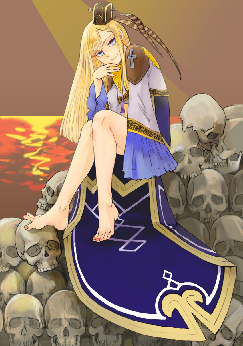 1girl, alternate_costume, arched_back, bare_legs, barefoot, blonde_hair, blue_eyes, blunt_bangs, brown_headwear, commentary_request, fate/grand_order, fate_(series), feet, full_body, hand_on_own_chin, hand_up, highres, long_hair, long_sleeves, looking_at_viewer, nail_polish, on_throne, red_nails, reines_el-melloi_archisorte, reines_el-melloi_archisorte_(third_ascension), royal_robe, satou_usuzuku, sitting, skull, smile, solo, throne, toenail_polish, toenails