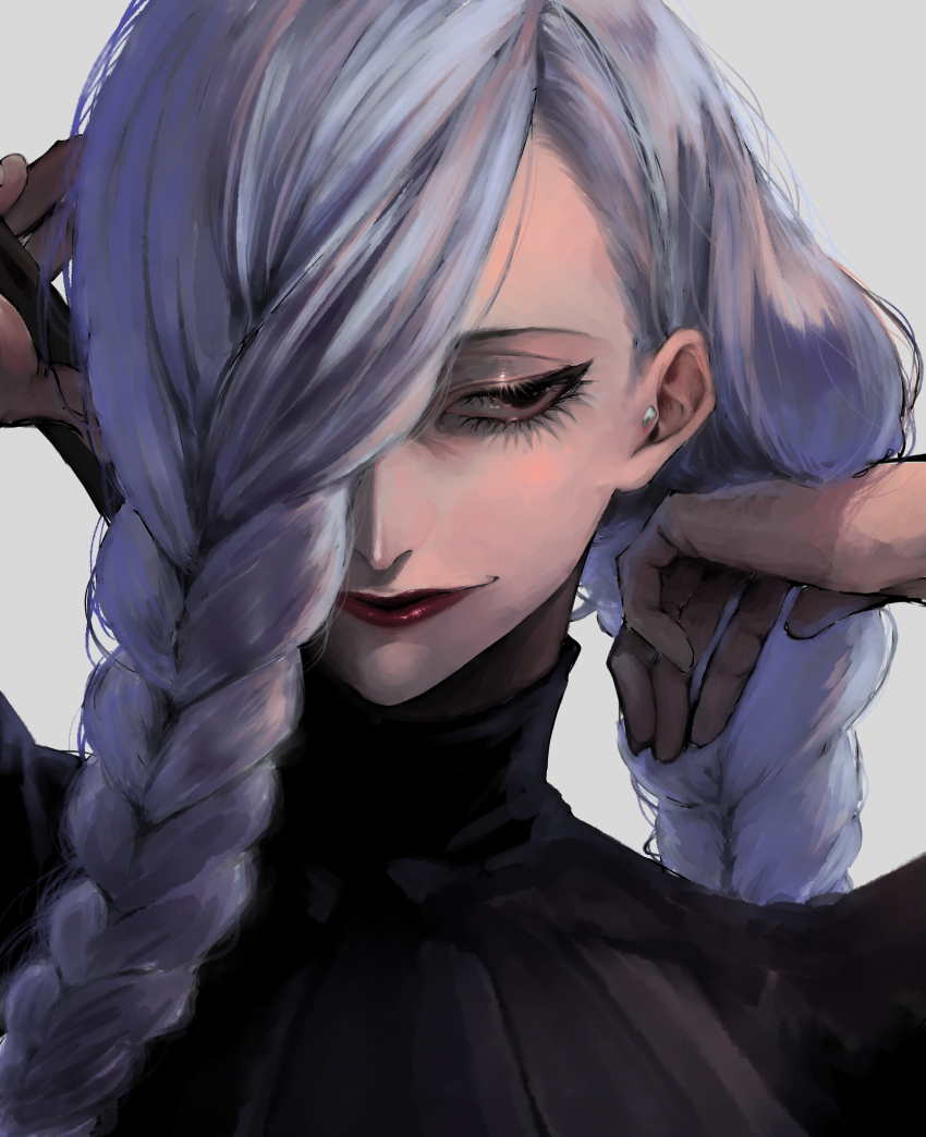 1girl, akuta_vi, black_eyes, black_sweater, braid, braided_bangs, ear_piercing, grey_background, hair_behind_ear, hair_over_one_eye, hair_over_shoulder, hands_in_own_hair, highres, jujutsu_kaisen, light_purple_hair, mei_mei_(jujutsu_kaisen), multiple_braids, piercing, red_lips, simple_background, solo, sweater, turtleneck, turtleneck_sweater, twin_braids, upper_body