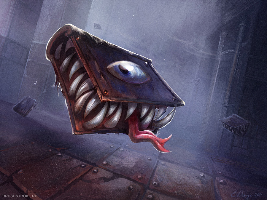 blue_eyes, book, commentary, dated, ekaterina_orange, english_text, flying, indoors, looking_at_viewer, monster, no_humans, ragnarok_online, rideword_(ragnarok_online), signature, teeth, tile_floor, tiles, tongue