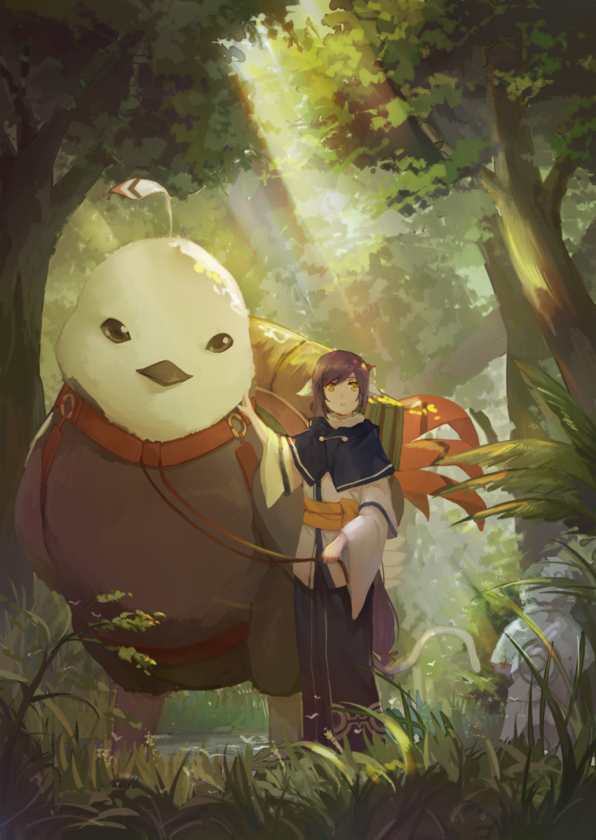 1girl, animal_ears, aquaplus, bird, black_hair, cat_tail, cocopo_(utawarerumono:_itsuwari_no_kamen), foliage