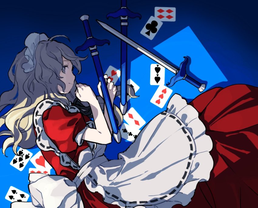 1girl, ace_(playing_card), ace_of_clubs, ace_of_hearts, ahoge, apron, blonde_hair, blue_background, card, club_(shape), commentary, diamond_(shape), dress, frilled_apron, frills, hands_up, heart, holding, holding_weapon, kaigen_1025, long_dress, long_hair, looking_at_viewer, lying, maid_apron, maid_headdress, on_side, playing_card, profile, puffy_short_sleeves, puffy_sleeves, red_dress, ribbon-trimmed_apron, ribbon_trim, sash, shadow, sheath, sheathed, short_sleeves, short_sword, solo, spade_(shape), sword, touhou, touhou_(pc-98), weapon, white_sash, yellow_eyes, yumeko_(touhou)