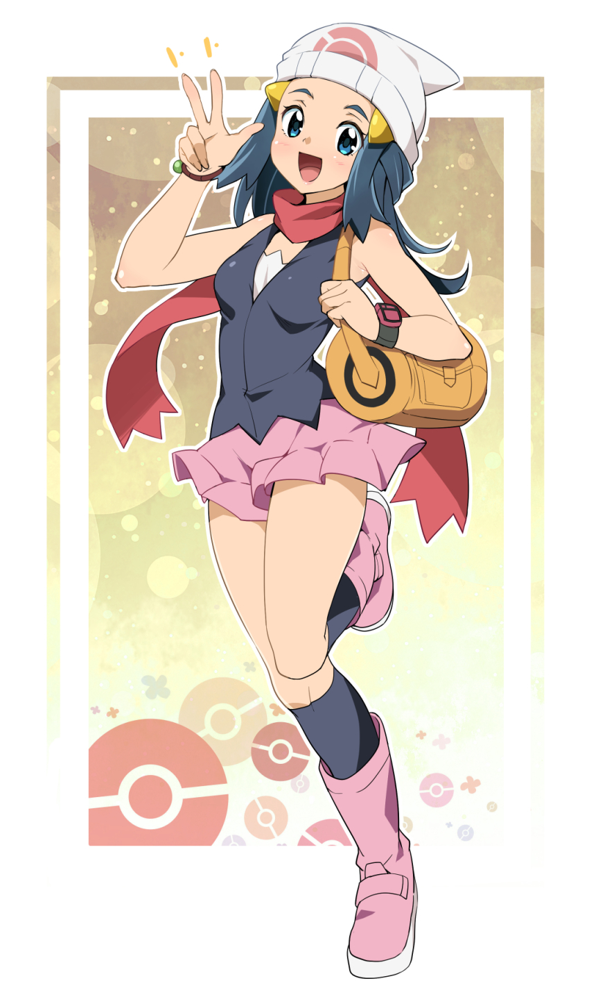 1girl, :d, bag, beanie, black_socks, blue_eyes, blush, boots, bracelet, breasts, commentary_request, dawn_(pokemon), duffel_bag, eyelashes, full_body, hair_ornament, hairclip, hat, highres, jewelry, kneehighs, knees, long_hair, looking_at_viewer, masaroniito, miniskirt, nintendo, open_mouth, orange_bag, outline, pokemon, pokemon_diamond/pearl/platinum, sidelocks, skirt, smile, socks, solo, tongue, w, white_hat