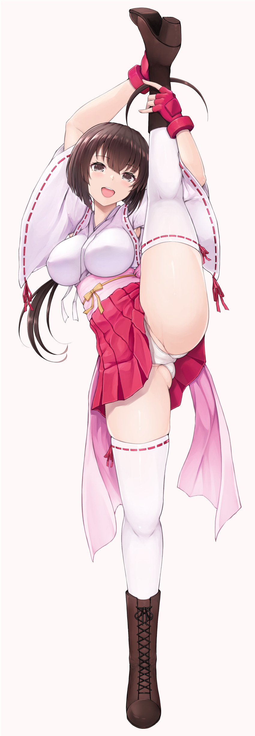 :d, absurdres, armpit_peek, blush, boots, breasts, brown_background, brown_boots, brown_eyes, brown_hair, commentary_request, full_body, gluteal_fold, hair_between_eyes, highres, japanese_clothes, kimono, lace-up_boots, leg_up, long_hair, looking_at_viewer, medium_breasts, musubi, obi, open_mouth, panties, pleated_skirt, red_skirt, ribbon-trimmed_legwear, ribbon-trimmed_sleeves, ribbon_trim, sash, sekirei, short_sleeves, simple_background, skirt, smile, solo, split, standing, standing_on_one_leg, standing_split, teeth, temari_rin, thighhighs, thighhighs_under_boots, underwear, upper_teeth_only, very_long_hair, white_kimono, white_panties, white_thighhighs, wide_sleeves
