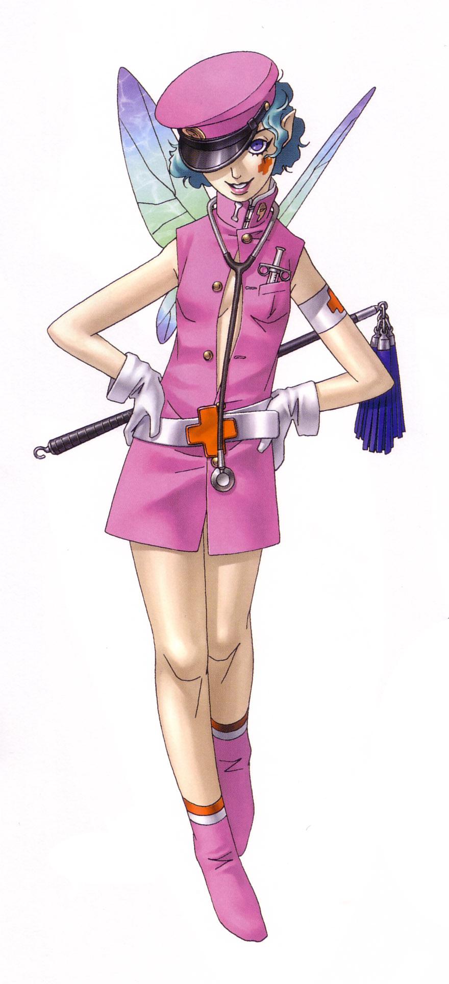 1girl, atlus, belt, fairy, female_focus, highres, looking_at_viewer, nurse, open_clothes, open_shirt, persona, persona_2, purple_eyes, shirt, simple_background, solo, stethoscope, syringe, trish_(persona), white_background, wings