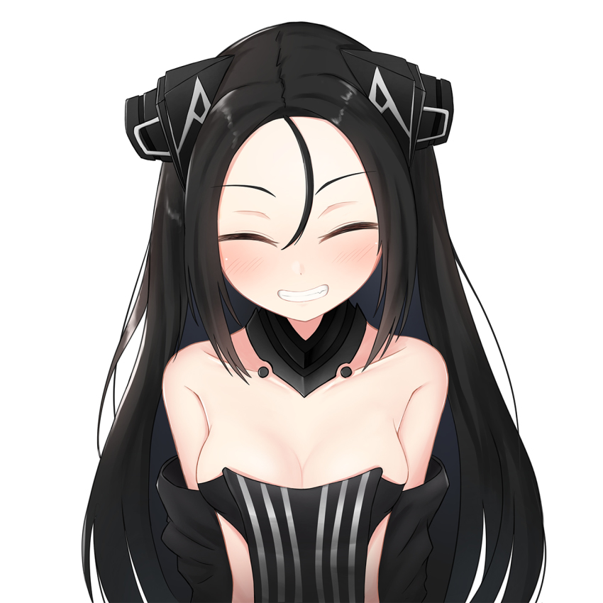 1girl, android, bare_shoulders, black_hair, blush, breasts, cleavage, clenched_teeth