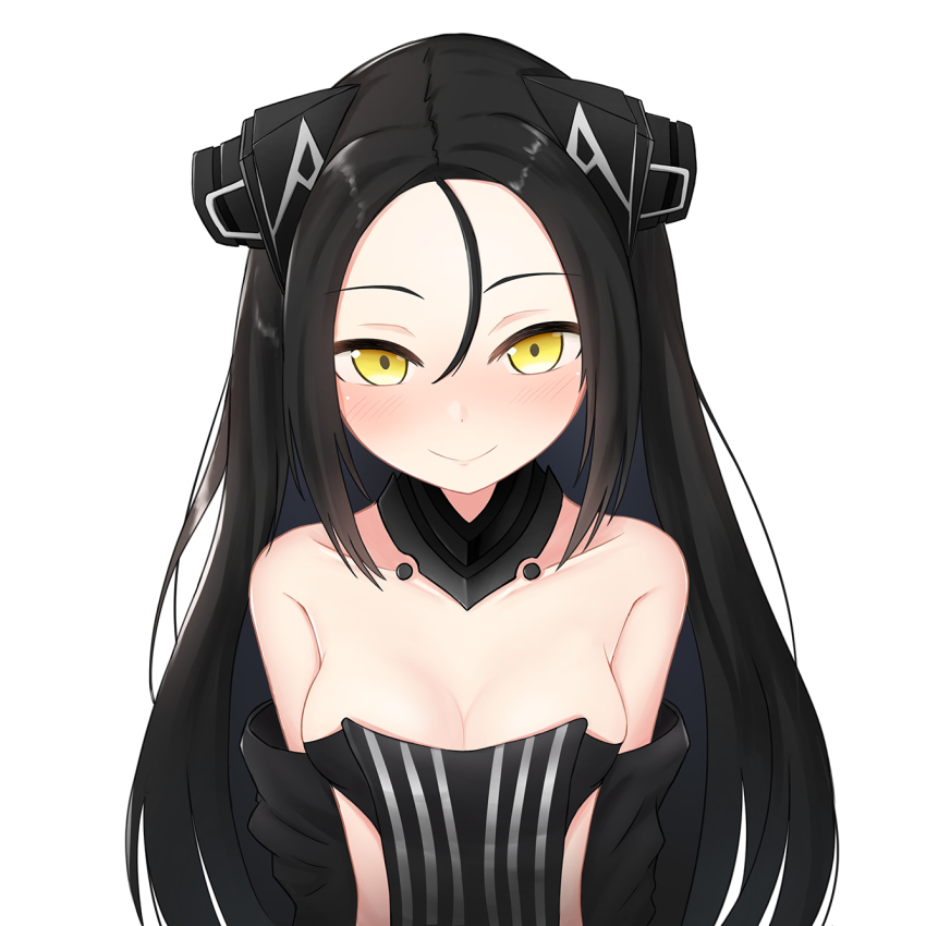 1girl, android, bare_shoulders, black_hair, blush, breasts, cleavage, collarbone