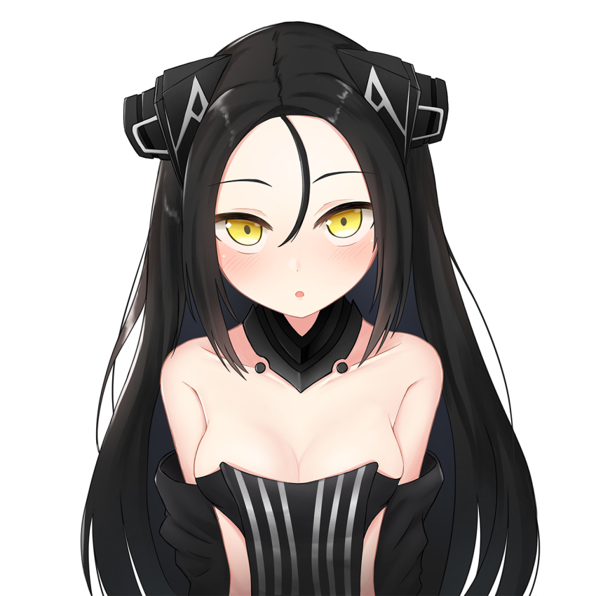 1girl, android, bare_shoulders, black_hair, blush, breasts, cleavage, collarbone, commentary_request, detached_sleeves, dreamer_(girls'_frontline), forehead, girls'_frontline, hair_between_eyes, highres, huomao_(akcat), looking_at_viewer, medium_breasts, revealing_clothes, sangvis_ferri, simple_background, solo, white_background, yellow_eyes