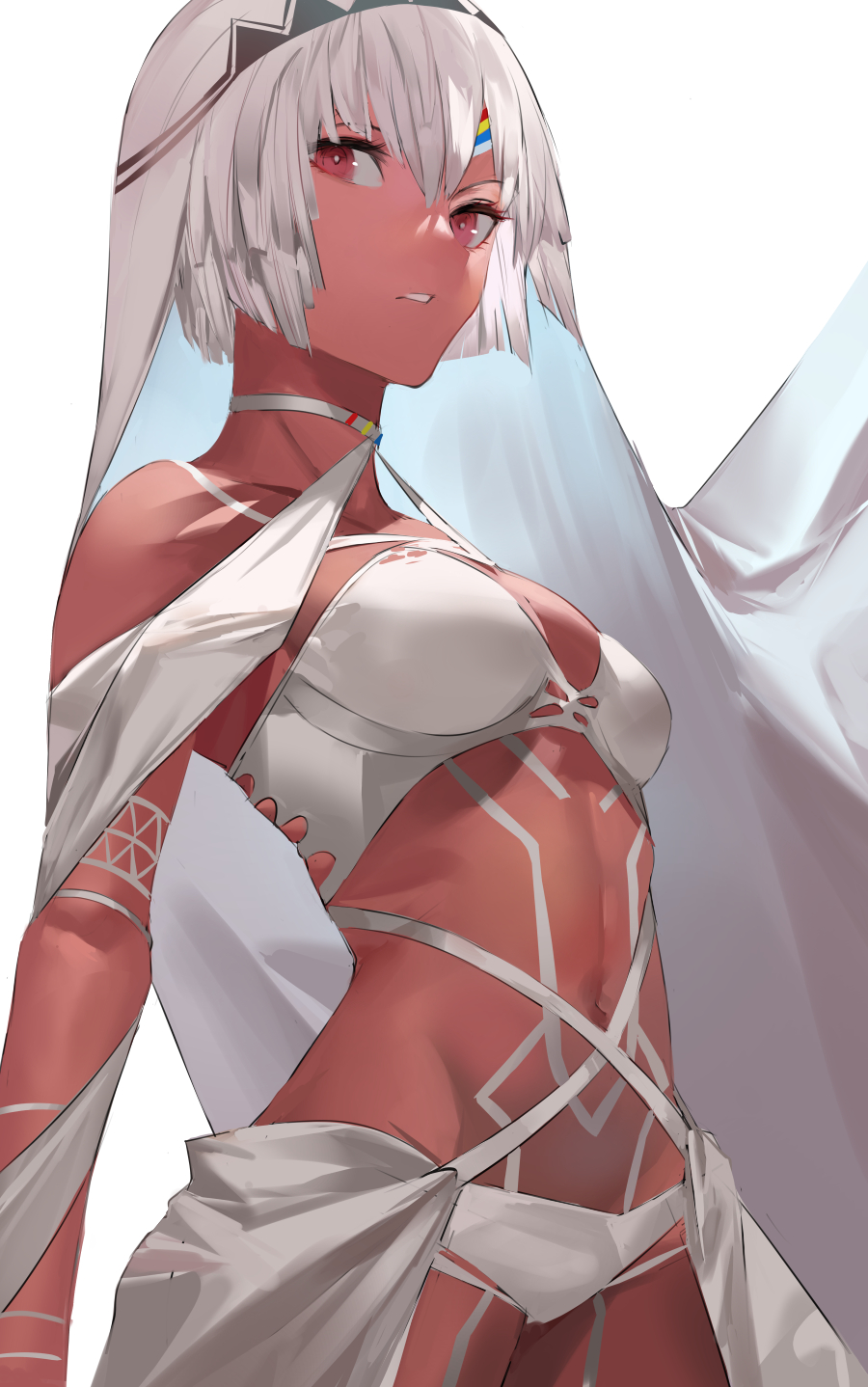 1girl, altera_(fate), altera_(lostroom_outfit)_(fate), alternate_costume, bikini, blazpu, body_markings, breasts, bridal_veil, choker, dark-skinned_female, dark_skin, fate/grand_order, fate_(series), full-body_tattoo, headpiece, highres, medium_breasts, red_eyes, short_hair, showgirl_skirt, silver_hair, solo, swimsuit, tattoo, veil, white_bikini, white_choker