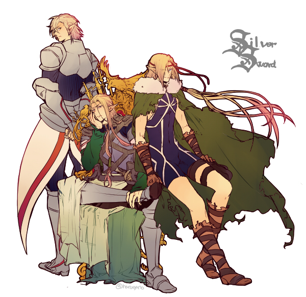3boys, armor, armored_boots, blonde_hair, boots, brown_footwear, cape, commentary_request