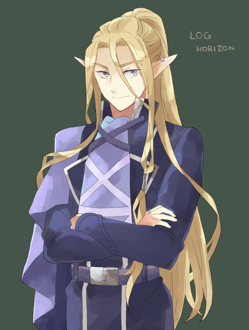 1boy, belt, blonde_hair, copyright_name, crossed_arms, ear_piercing, elf, green_background, highres, log_horizon, long_hair, long_sleeves, looking_at_viewer, male_focus, piercing, pointy_ears, grey_eyes, simple_background, smile, solo, standing, tetena18, very_long_hair, william_massachusetts