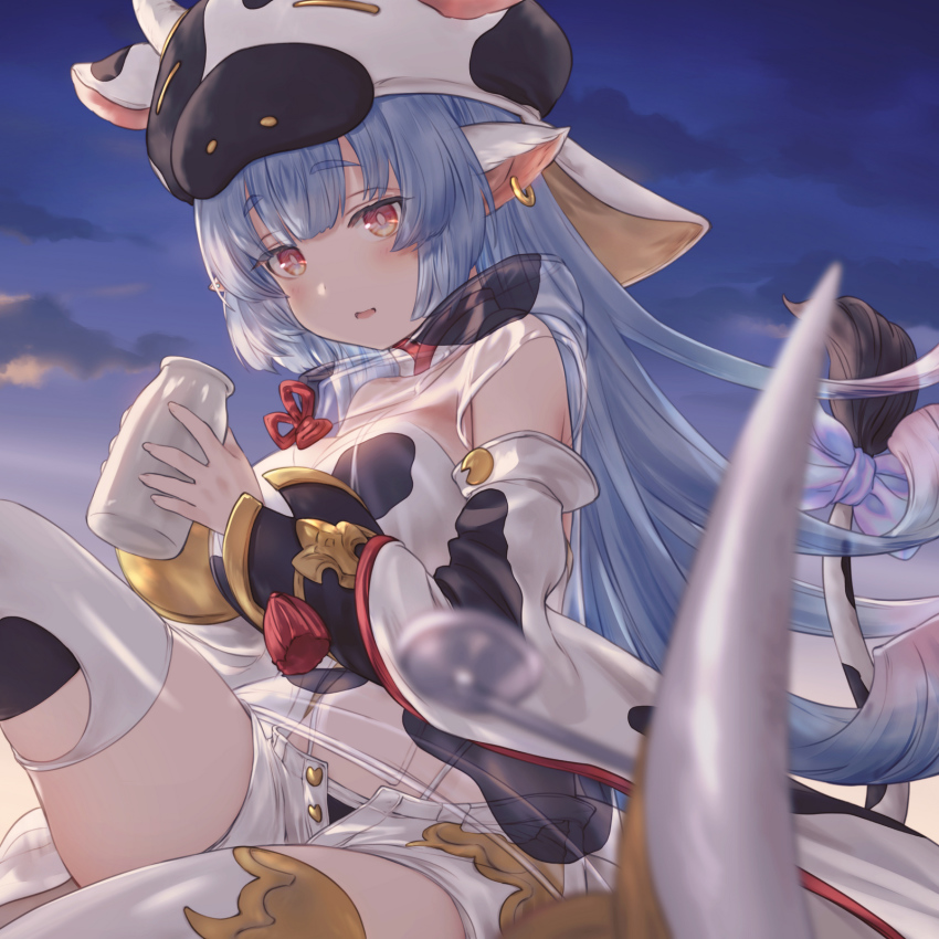 1girl, animal_print, blue_hair, bottle, bow, breasts, catura_(granblue_fantasy), cow_hat, cow_print, cow_tail, detached_sleeves, draph, granblue_fantasy, highres, large_breasts, long_hair, milk_bottle, short_shorts, shorts, solo, tail, tail_bow, tail_ornament, thighhighs, tukune